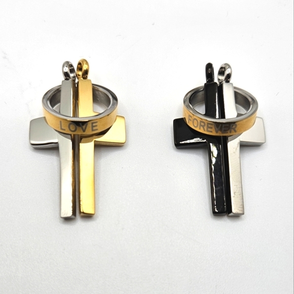 🟢3/$19🟢 Cross FOREVER Pendant Gold Black  Plated Steel Unisex Couples - Picture 4 of 4